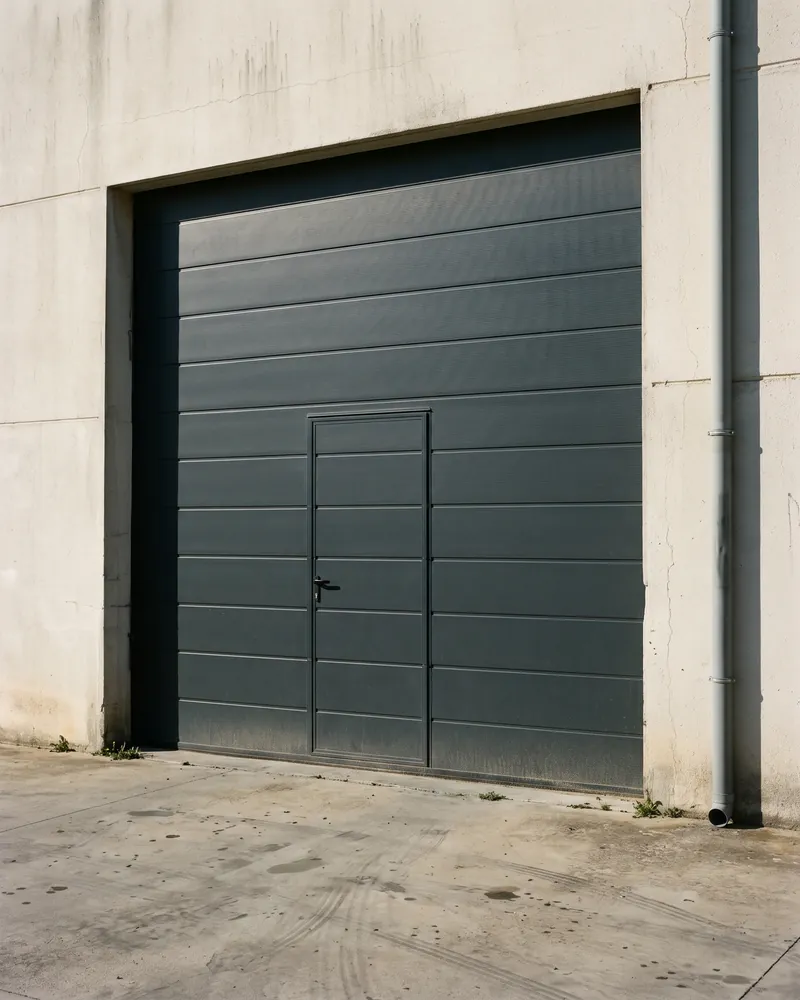 Puerta seccional gris antracita cerrando la nave de un taller